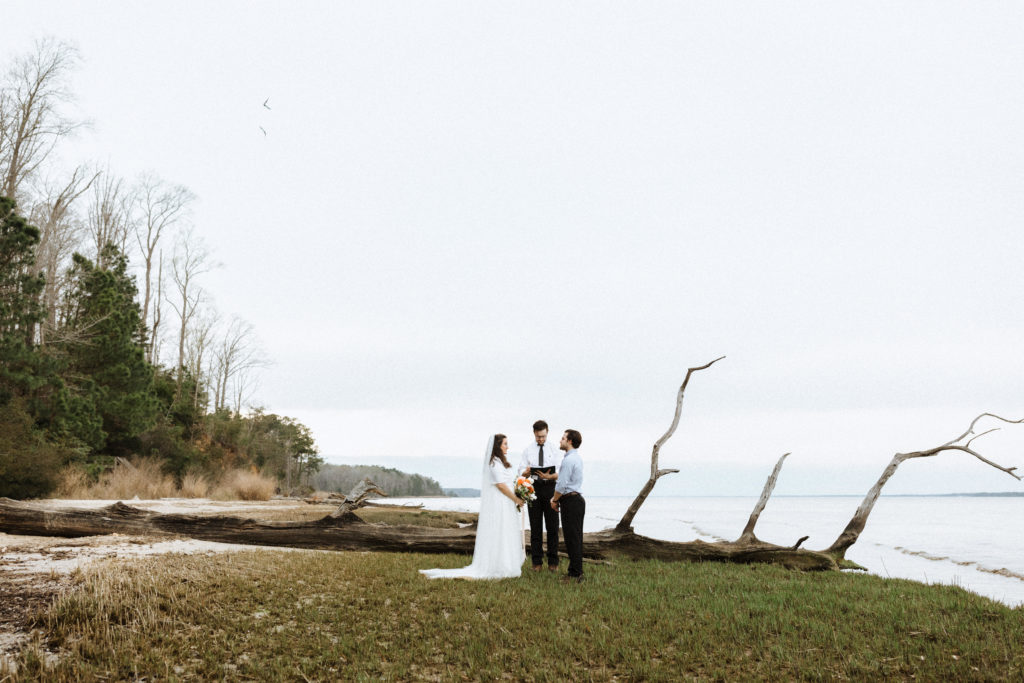 a bride and groom with their officiant saying their vows in front of a large piece of driftwood on fossil beach in york river state park