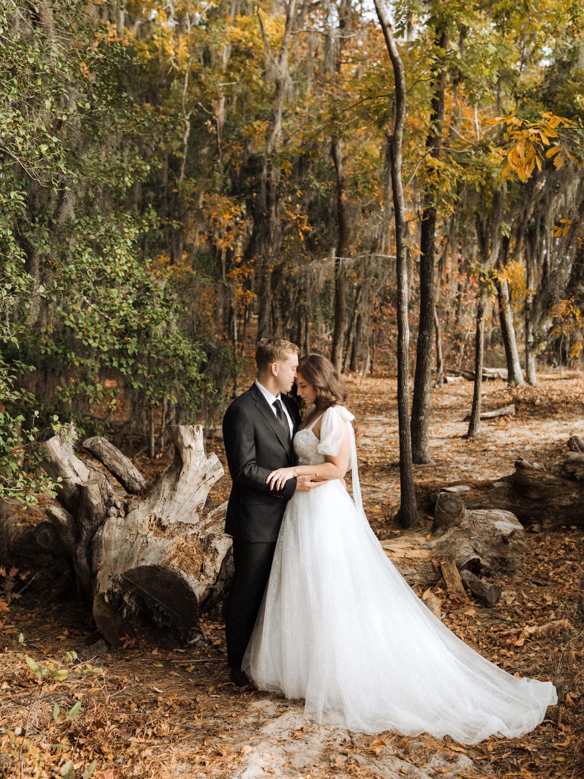 bride and groom portrait in a forest surrounded by spanish moss