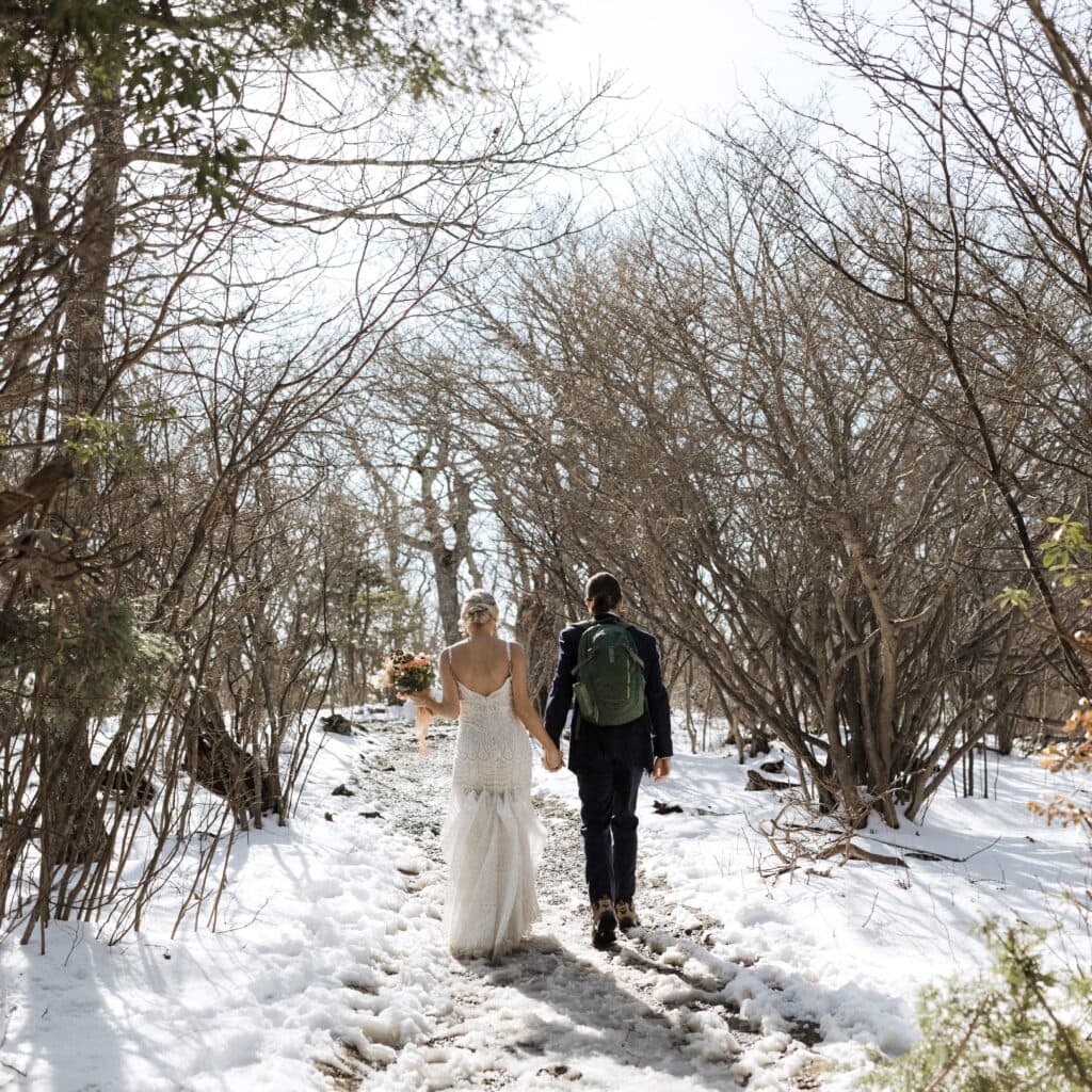 bride and groom walk in the forest away from the camera holding hands through the snow